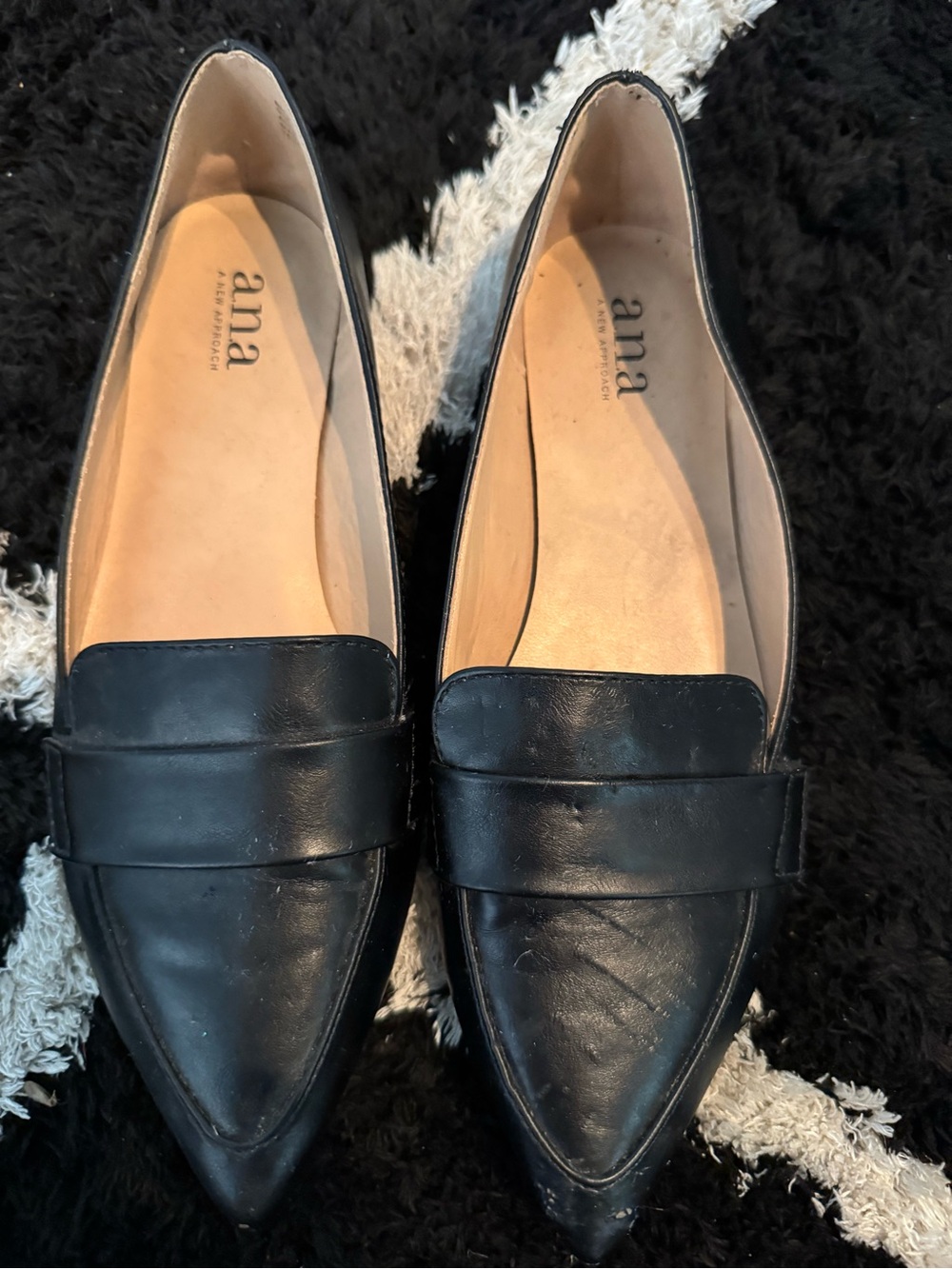 a.n.a Black Pointed-Toe Leather Loafers with Penny Strap Accent